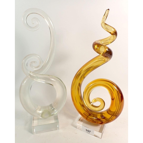 157 - Two Murano Studio glass sculptures in yellow and clear, 34cm