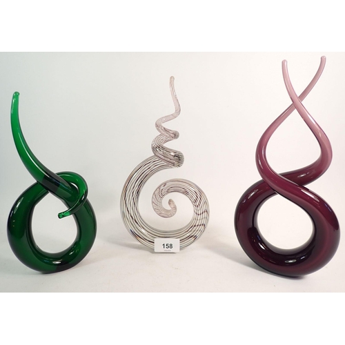 158 - Three Murano Studio glass sculptures in green, purple and black & white stripes, 27cm