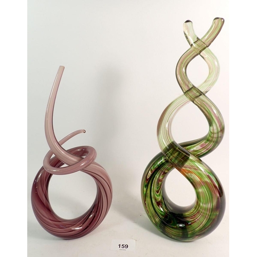 159 - Two Murano Studio glass sculptures in streaky green and purple, 34cm