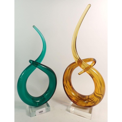 160 - Two Murano Studio glass sculptures in streaky yellow and green, 40cm