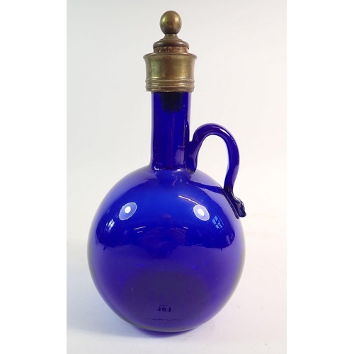 161 - A 19th century Bristol blue glass decanter or flask with metal stopper, 22cm tall