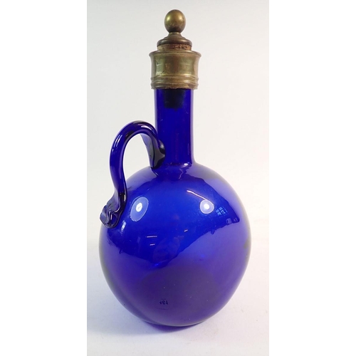 161 - A 19th century Bristol blue glass decanter or flask with metal stopper, 22cm tall