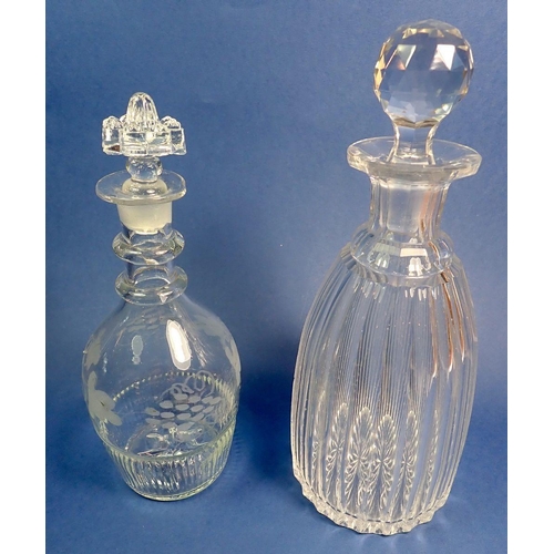 162 - A Georgian etched glass decanter, 20cm and a ribbed one