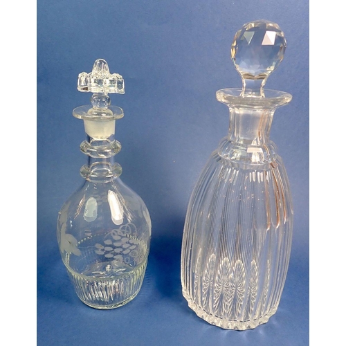 162 - A Georgian etched glass decanter, 20cm and a ribbed one