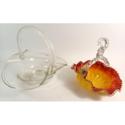 170 - A Victorian frilled orange and yellow glass basket and a clear glass one with air twist handle, 27 x... 