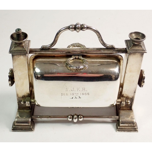 177 - A novelty Edwardian silver plated cigarette dispenser and lighter in the form of a breakfast stand, ... 