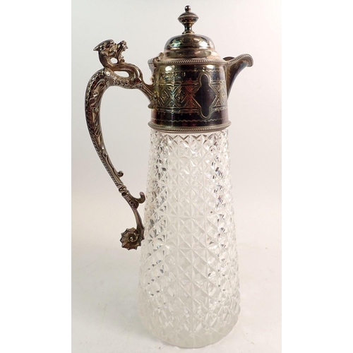 181 - A Walker and Hall cut glass and silver plated claret jug with dragon handle, 28cm tall