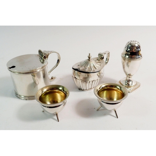 195 - A collection of silver cruets including two mustards with blue glass liners, Mappin & Webb pair of c... 