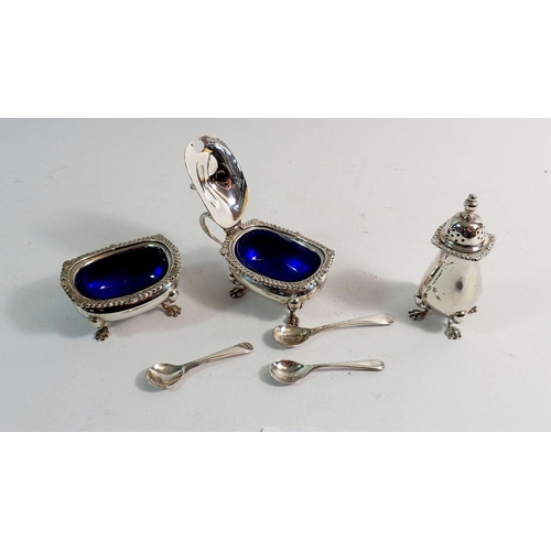 201 - A silver three piece cruet set and matching spoons, 146g total weight