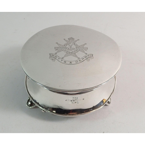 234 - A circular silver trinket box engraved Regimental Crest 'Sherwood Forrester' by J Gloster Ltd, Birmi... 