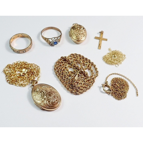 291 - A group of 9 carat gold jewellery including two rings, two lockets, crucifix and four chains - total... 