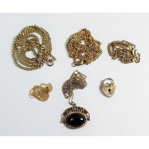 294 - Five 9 carat gold chains, a 'Mum' stone set swivel pendant and a heart padlock, 23.1g total weight