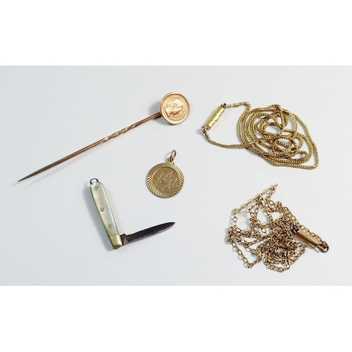 298 - A 9 carat gold necklace, St Christopher and fine chain, 3.7g plus gold coin four reales stick pin an... 