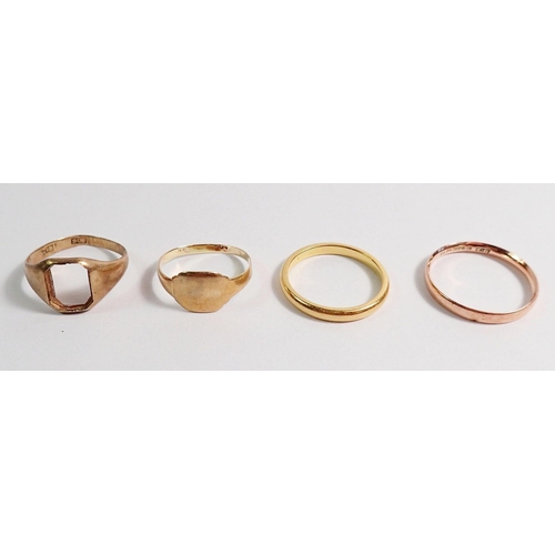 308 - Two 9 carat gold signet rings, 3g, a 9 carat rose gold wedding band, 1.4g and a 22 carat gold weddin... 