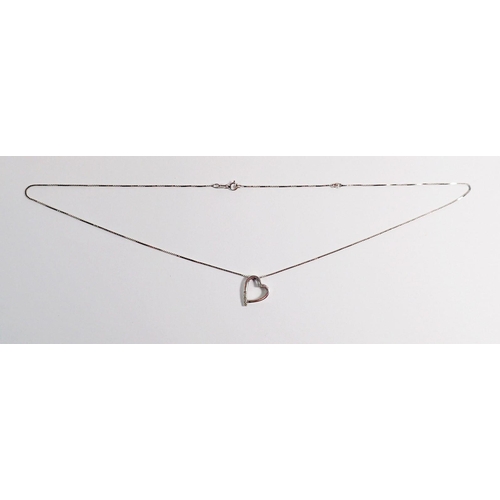 310 - A 9 carat white gold necklace with heart pendant set diamond, 45cm long box link chain can be worn a... 