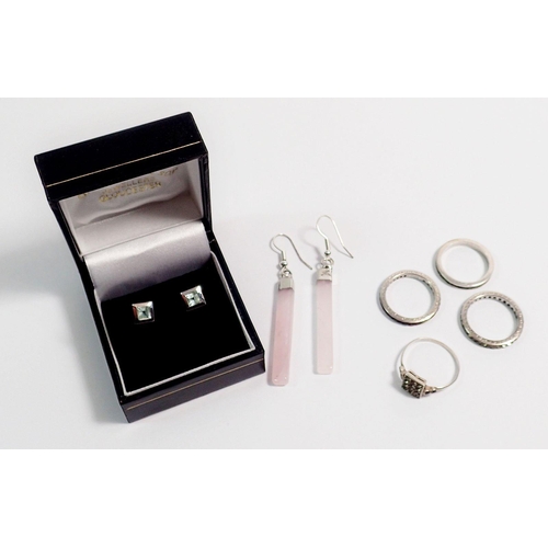 314 - A pair of 9ct white gold earrings set blue stone plus a silver 935 paste ring and three other silver... 