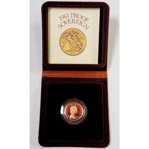 317 - An Elizabeth II 1981 gold proof sovereign, leather case, Cond: Unc