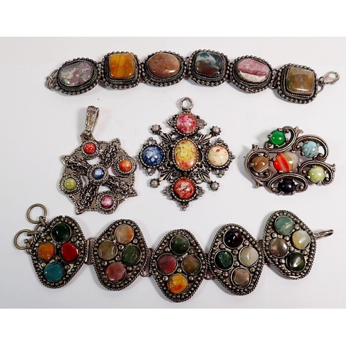 322 - A Miracle vintage stone set brooch plus two vintage pendants and two stone set bracelets