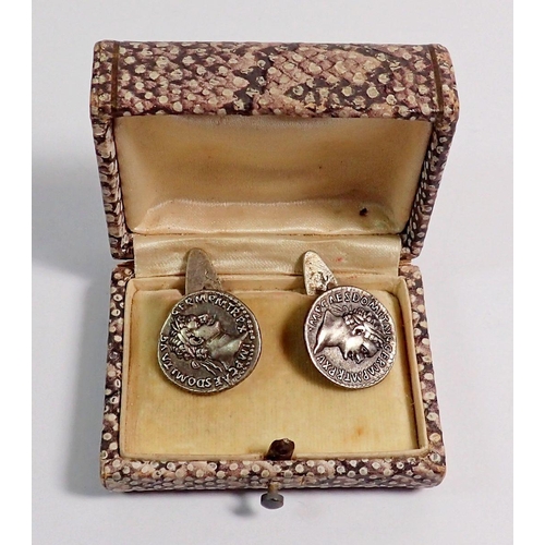 330 - A pair of Roman coin white metal cufflinks, boxed