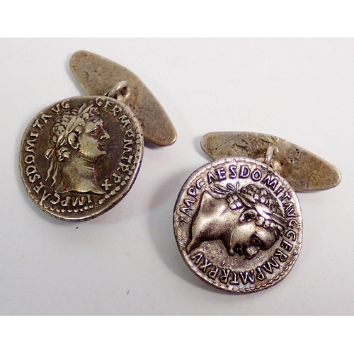 330 - A pair of Roman coin white metal cufflinks, boxed