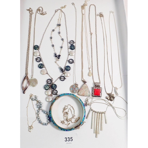 335 - A collection of silver items to include a Siam enamel bracelet, hardstone necklace etc.