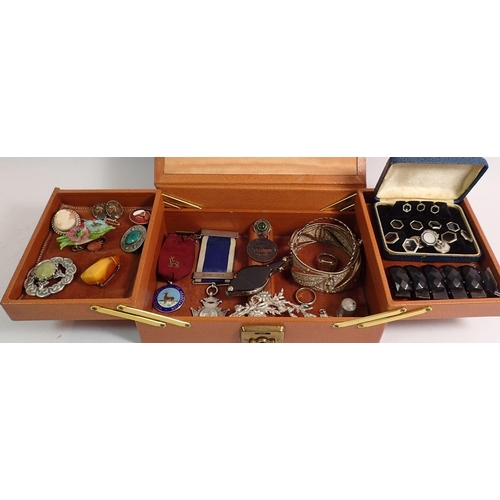 352 - A box of jewellery including silver and white metal, silver medals, set of studs etc.