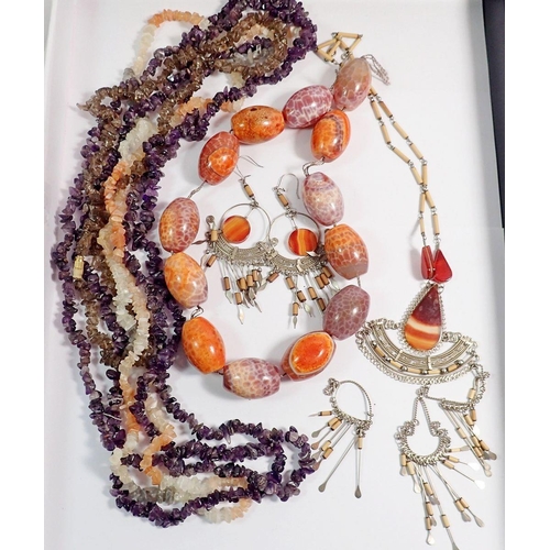 367 - An agate beaded necklace together with another ornate agate necklace with matching earrings etc.