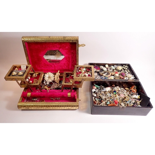 385 - A lacquer box plus jewellery box of various costume jewellery including earrings, necklaces etc.