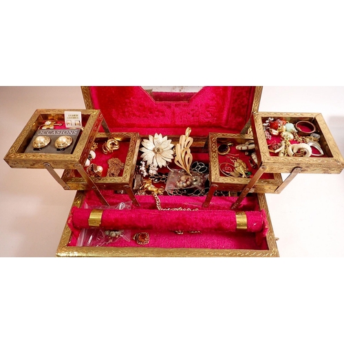 385 - A lacquer box plus jewellery box of various costume jewellery including earrings, necklaces etc.