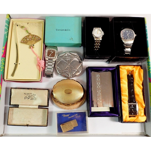 388 - A box of four watches, card holder, compacts, Tiffany & Co cardboard box etc.