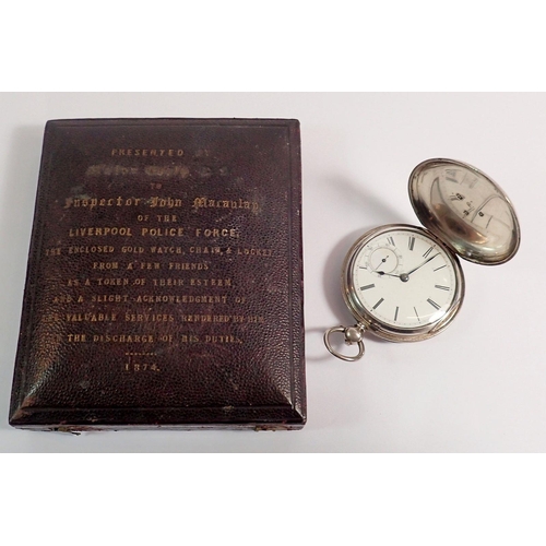 392 - A silver full hunter pocket watch with fitted case with inscription to lid (not original to watch)