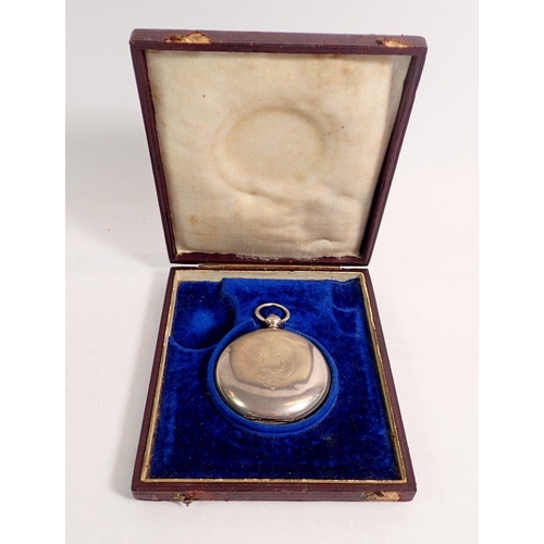 392 - A silver full hunter pocket watch with fitted case with inscription to lid (not original to watch)