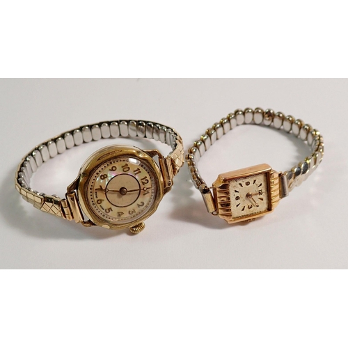 396 - An 18 carat gold ladies wrist watch with plated stramp and a rolled gold ladies wrist watch with 'Ro... 