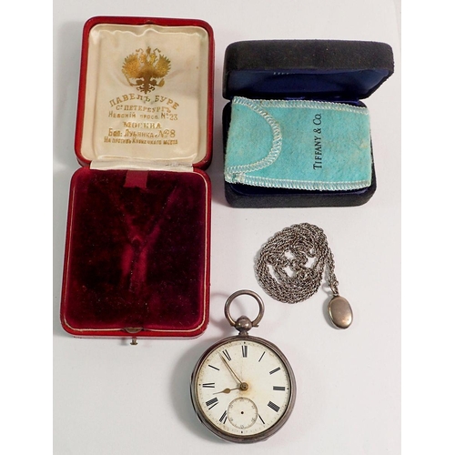 414 - A silver pocket watch, white metal locket, Tiffany box and a Russian jewellery box