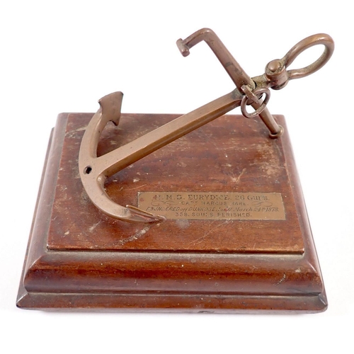 431 - A copper commemorative anchor on mahogany plinth with dedication to 'HMS Eurydice, foundered 1878' 1... 