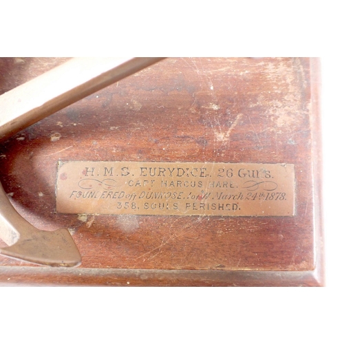 431 - A copper commemorative anchor on mahogany plinth with dedication to 'HMS Eurydice, foundered 1878' 1... 