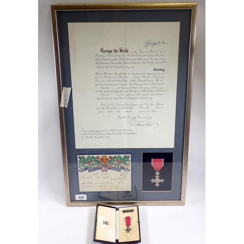 434 - An MBE and miniature with fitted box and framed citation to Harold Houghton Clerk to Newton Le Willo... 