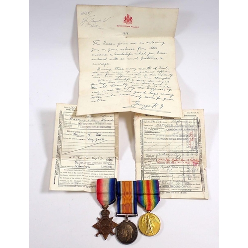 441 - A set of three WWI medals to Pte W A Barnard 1995 of The London Rifle Brigade together with Demob ce... 