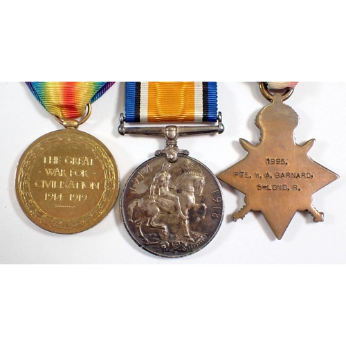 441 - A set of three WWI medals to Pte W A Barnard 1995 of The London Rifle Brigade together with Demob ce... 