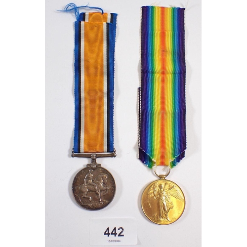 442 - A WWI pair of medals to Pte W Cooke Labour Corps 594939