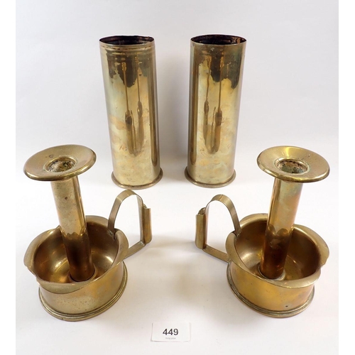 449 - A pair of brass trench art candlesticks, 17cm tall and a pair of shell case vases