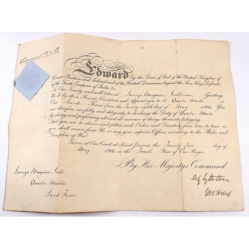 464 - A 1904 King Edward VII military document appointing Lorenzo Margrave to be Quarter Master in Land Fo... 