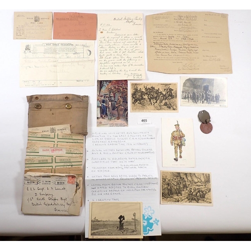 465 - A series of letters and ephemera relating to a Quartermaster Sergeant A F Merrick around the end of ... 