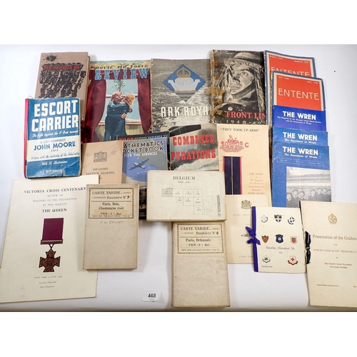 468 - A box of military war ephemera magazines, books, maps etc.