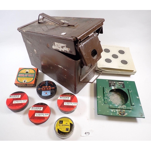 473 - A military ammunition box, 19cm tall and contents of paper shooting targets etc, H83 MKII