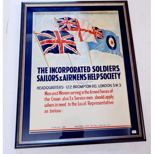 496 - The Incorporated Soldiers, Sailors and Airmans Help Society advertisement poster, framed, 38 x 47cm