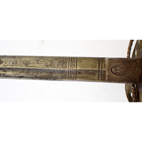 508 - A Naval officers sword with brass hilt and black shagreen handle stamped 'Cooperative Military Do Br... 