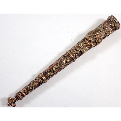 509 - An unusual decorative brass dagger on theme of The Last of the Mohicans with Mohican warrior figure ... 