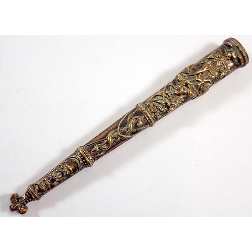 509 - An unusual decorative brass dagger on theme of The Last of the Mohicans with Mohican warrior figure ... 