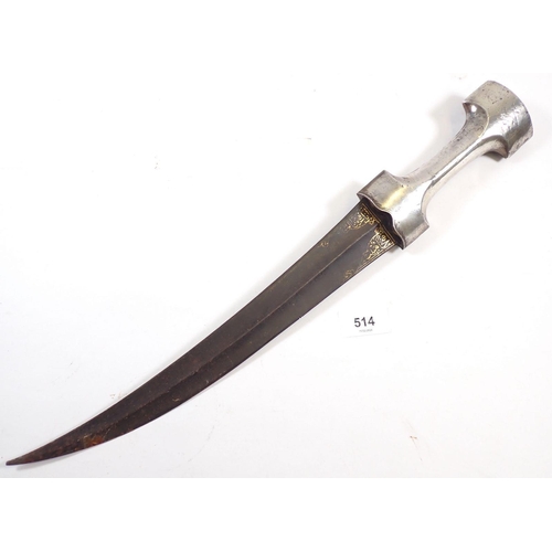 514 - An Eastern curved dagger with white metal handle and gilt script inlaid to blade, 48cm